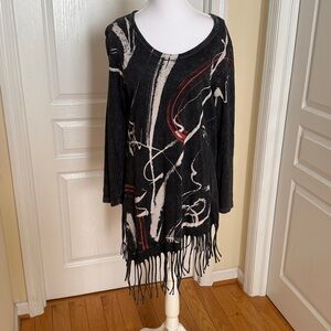 Jess and Jane Charcoal Gray and Red Abstract Tunic Top with fringe on the bottom